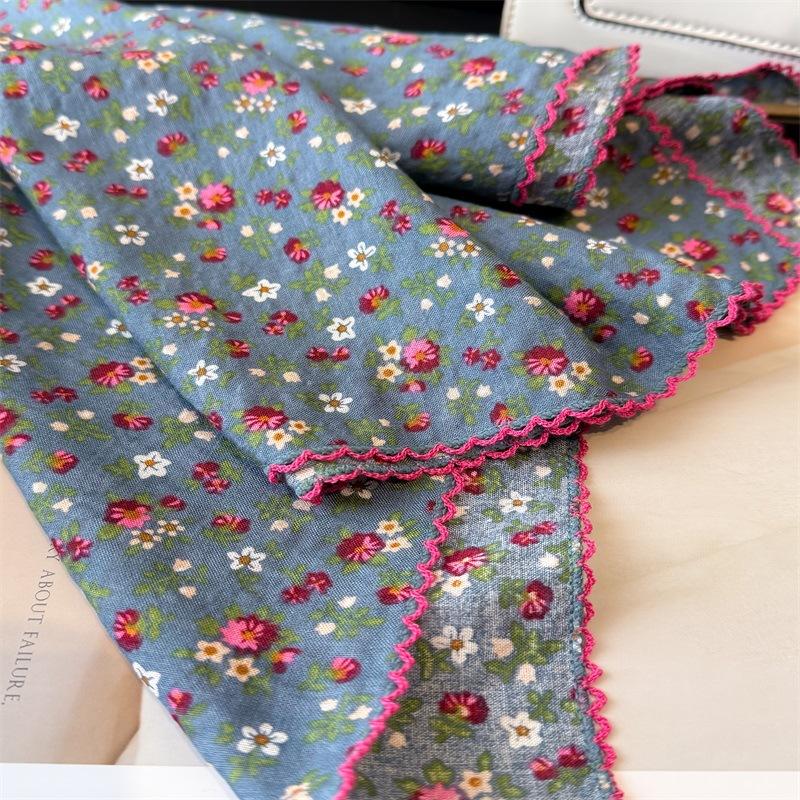 Simulated Silk Countryside Small Floral Square Scarf Women's Spring Summer Versatile Decoration Headscarf Korean Version Photography