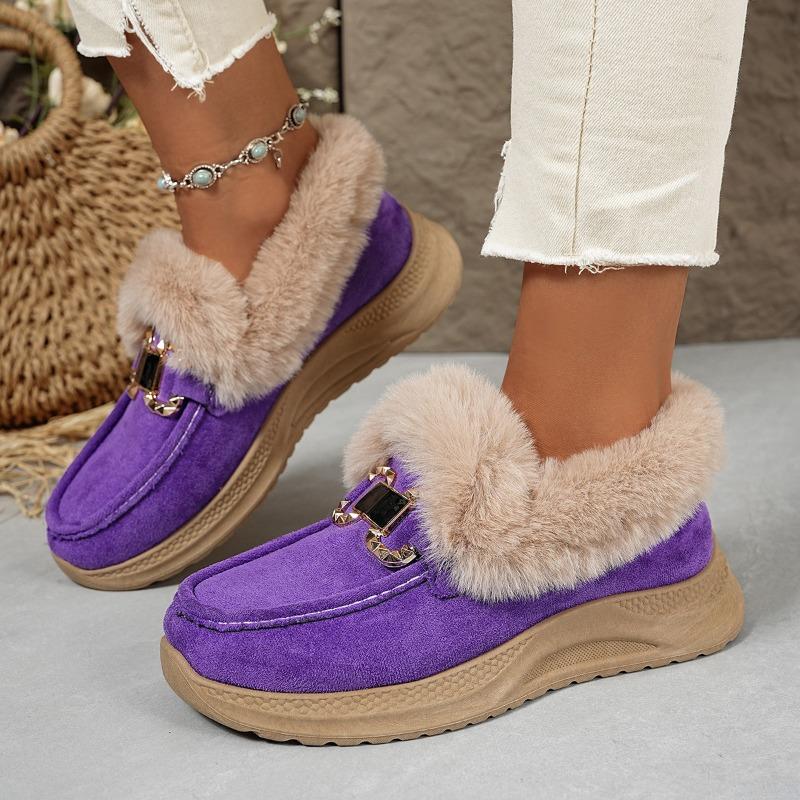 Winter New Metal Buckle Fleece Cotton Shoes Women's 2025 Plus-size Thick-soled Warm Fur Sneakers