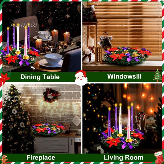 Christmas Wreath 12 Inch Reusable Artificial Pine Needle Wreath with 4 Candle Holders Christmas Wreath with Ribbon Pinecone Berries for Home