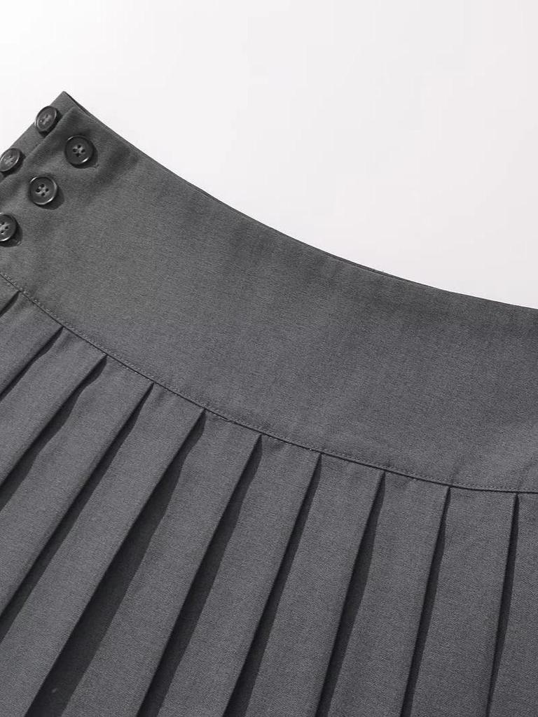 Autumn Chic: Retro A-Line Pleated Mini Skirt with Adjustable Buttons