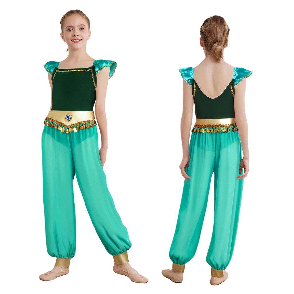 Pantaloni con Strass, Paillettes e Frange per Bambina: Pantaloni Lunghi in Chiffon con Design a Manica Svasata Patchwork, Spacco Laterale e Slip Integrati per Role Play Arabo