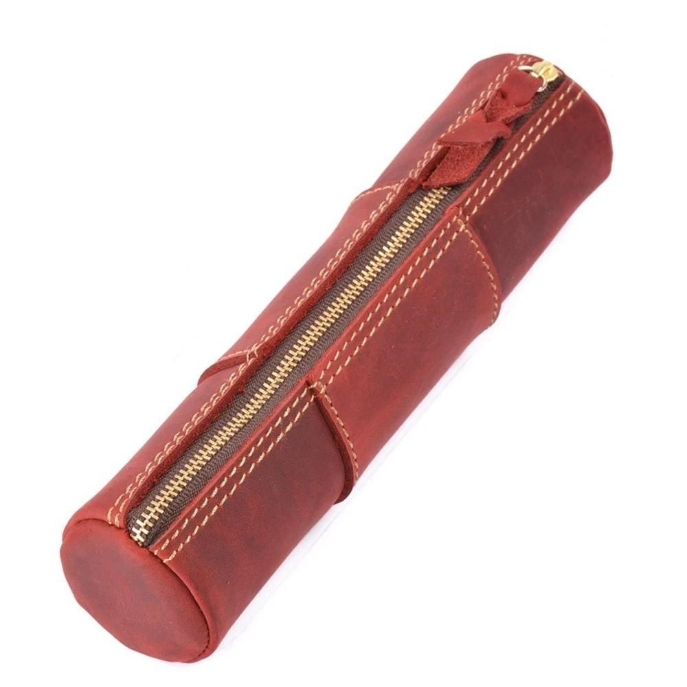 Handmade Leather Pen Bag Retro Zipper Pencil Holder Leather Pencil Case Stationery Storage красный