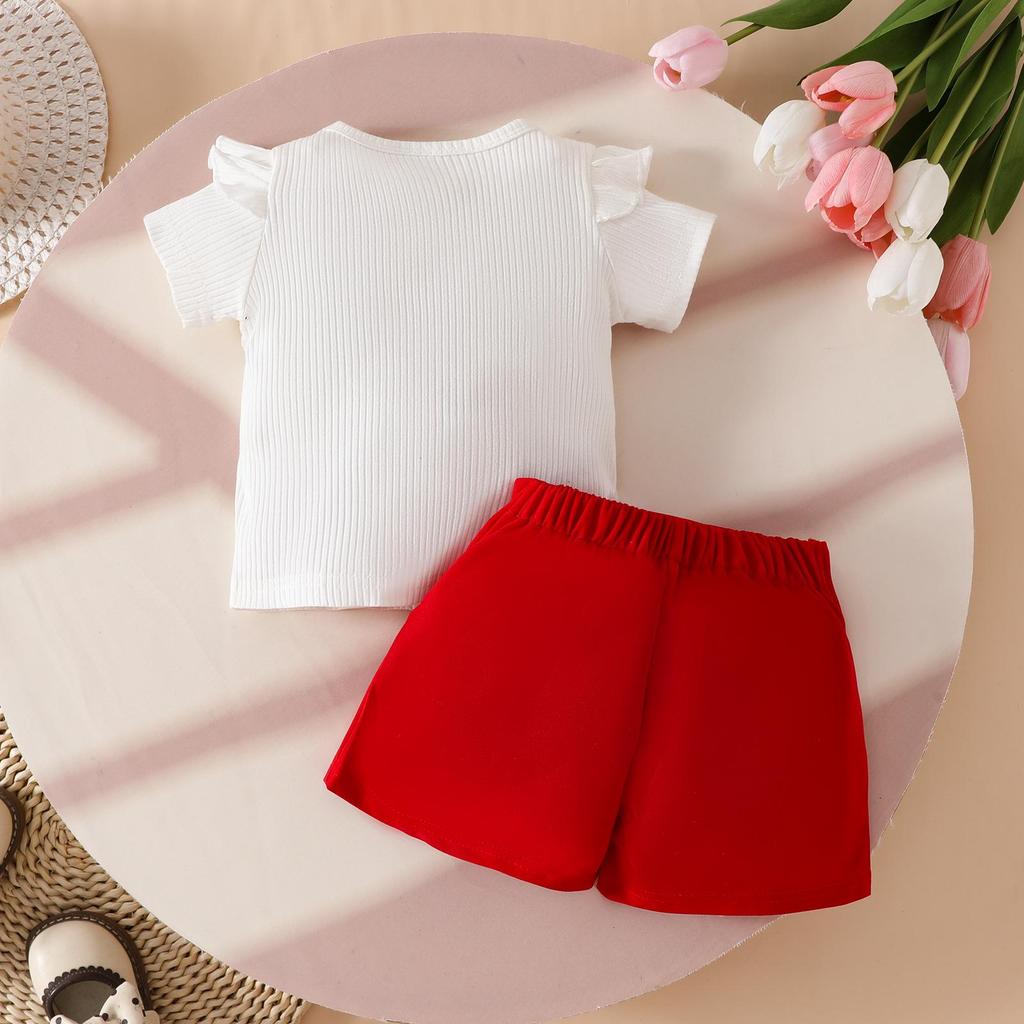 Ensemble 2 pièces Fille Toddler : Haut 3D Cœur et Short à Boutons