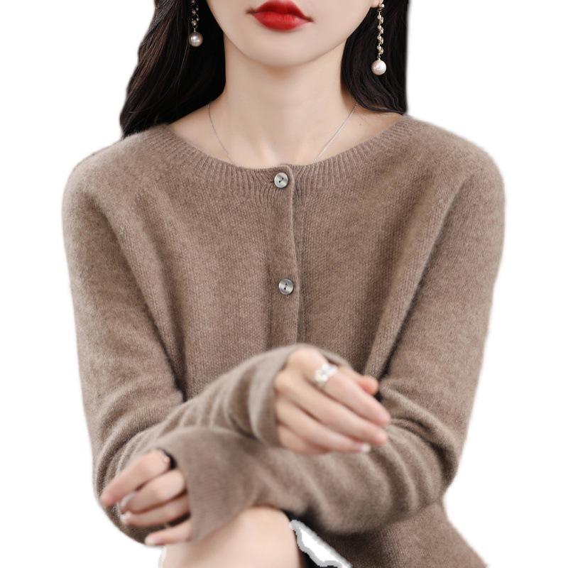Women's Seamless Round Neck 100% Pure Wool Cardigan for Spring & Autumn