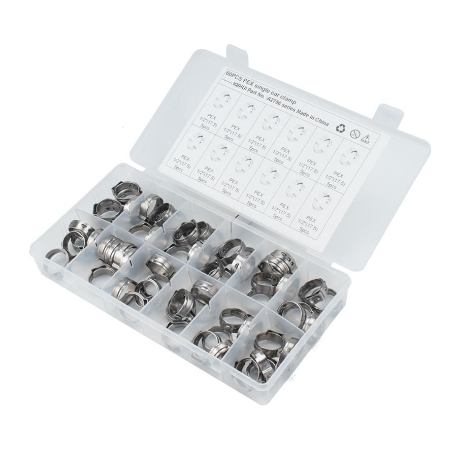 60PCS Single Ear Stainless Steel Car Hydraulic Hose Clamps O-Clips Pipe Fuel Air Pipe Clamp 1/2" with Pliers Tool