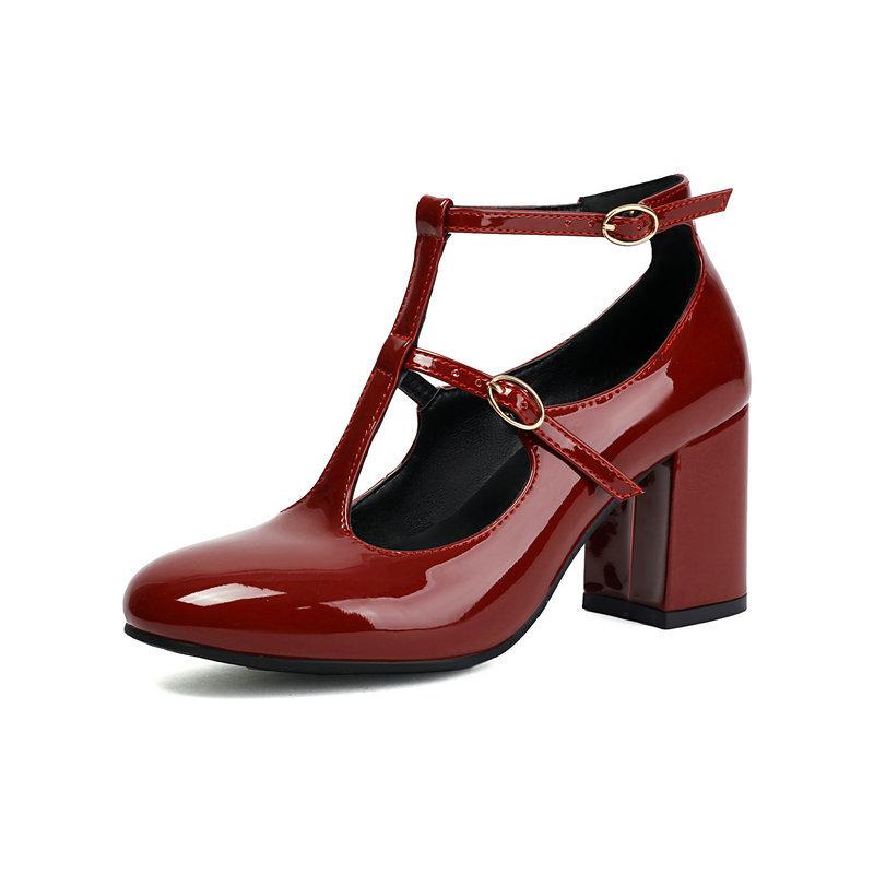 New Mary Jane Shoes High Quality Leather Shoes Shallow Round Toe Womens Chunky Heels Buckle Strap Women's Pumps Plus Size 43