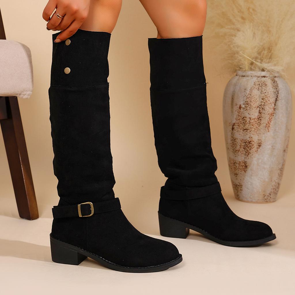 Fashion New Fashion Women's Solid Color Trendy Knight Boots Buckle Decor Chunky Heel Mid Calf Boots Autumn Winter Slip on Luxury Boots
