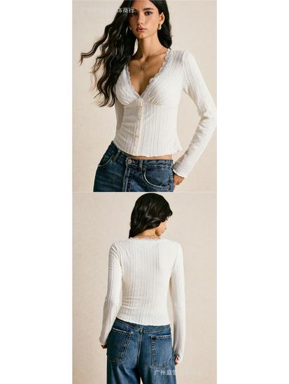 European & American Slim V-Neck Lace Long-Sleeve T-Shirt for Women - Autumn/Winter Temperament Base Top