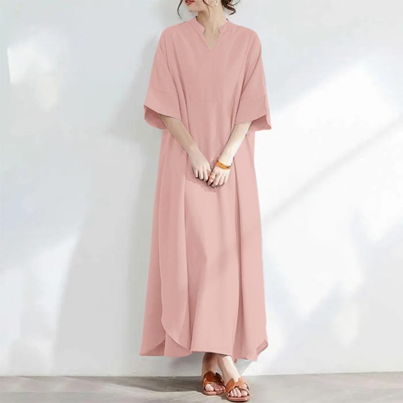 ZANZEA Women Casual V-Neck Summer Loose Short Sleeve Long Dress