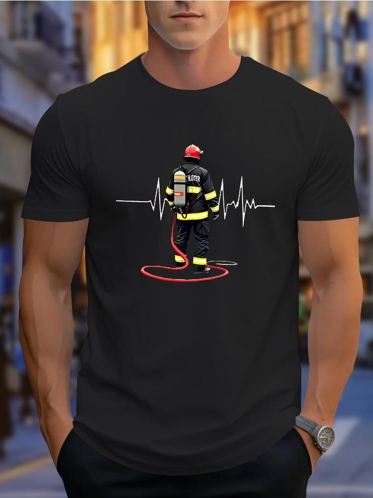 Firefighter Heartbeat Line Graphic Unisexs Short Sleeve T Shirt Fireunisex Hero Crew Neck Casual Daily Outdoor Cotton Tee For Unisex