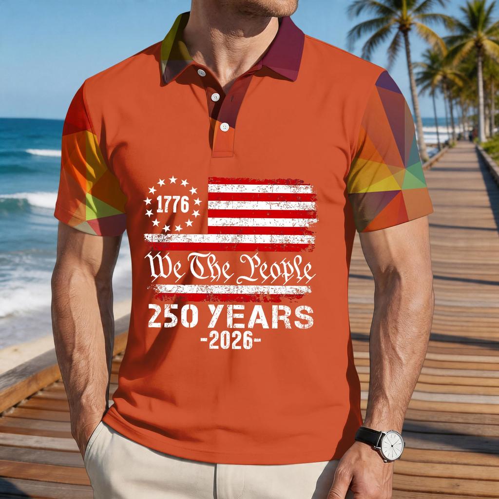 Men's Loose Fit Casual Short Sleeve Polo Shirt with National Flag Print Comfortable Lightweight Summer Top
