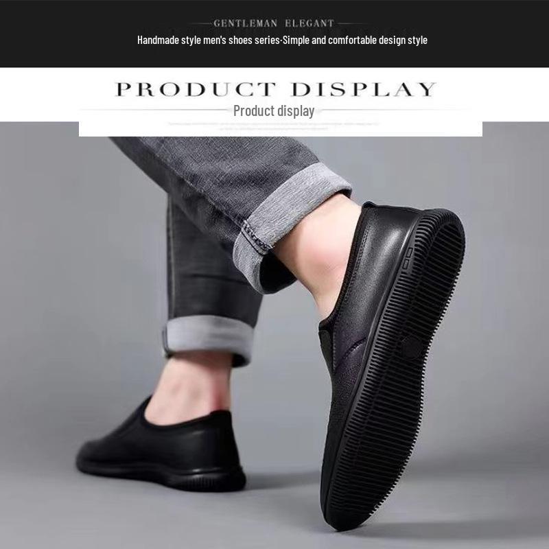 2026 Spring Men's Black Leather Slip-On Soft Sole Casual Shoes