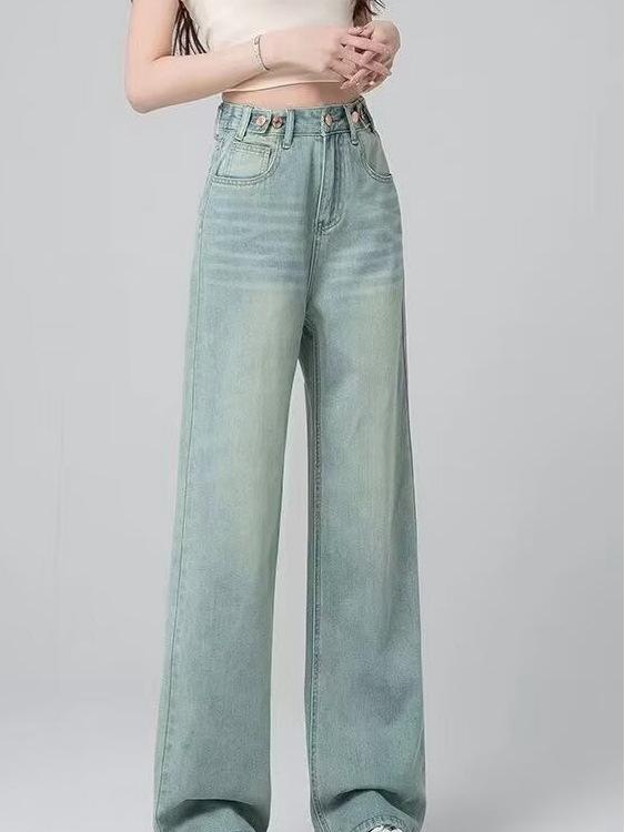 Women's High-Waisted Wide-Leg Light Jeans - Spring/Autumn 2024, Loose, Slimming, Straight, Floor-Length.