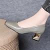 Soft Leather Metal Iron Head Shallow Mouth Single Shoes Women's Spring and Autumn French Temperament Thick Heel Versatile Comfortable Medium Heel Smal