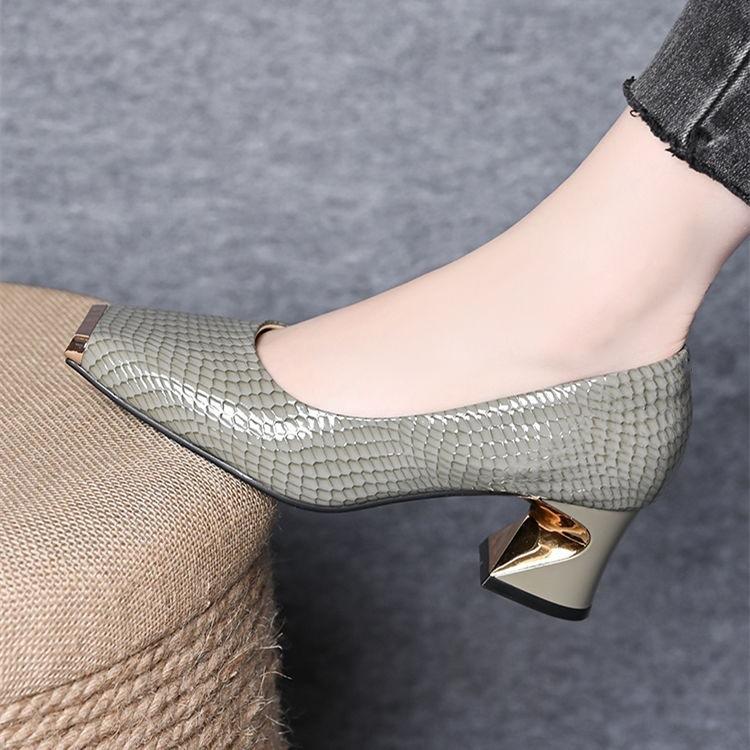 Soft Leather Metal Iron Head Shallow Mouth Single Shoes Women's Spring and Autumn French Temperament Thick Heel Versatile Comfortable Medium Heel Smal