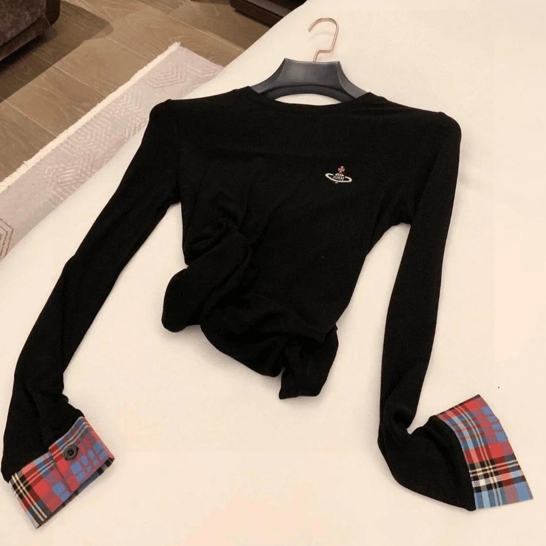 

Осенне-зимняя милая вышитая клетчатая рубашка, элегантная вышитая футболка с длинным рукавом, женская облегающая поддельная двухкомпонентная повседневная футболка XL чёрный