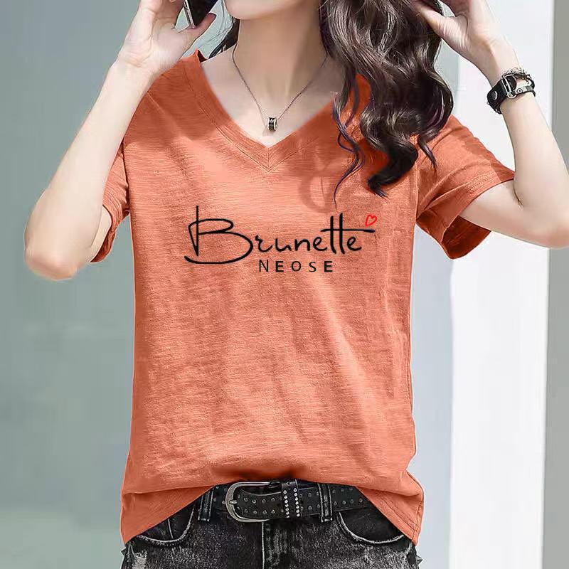 Women's Korean Style Loose Bamboo Cotton V-Neck Printed Half-Sleeve T-Shirt