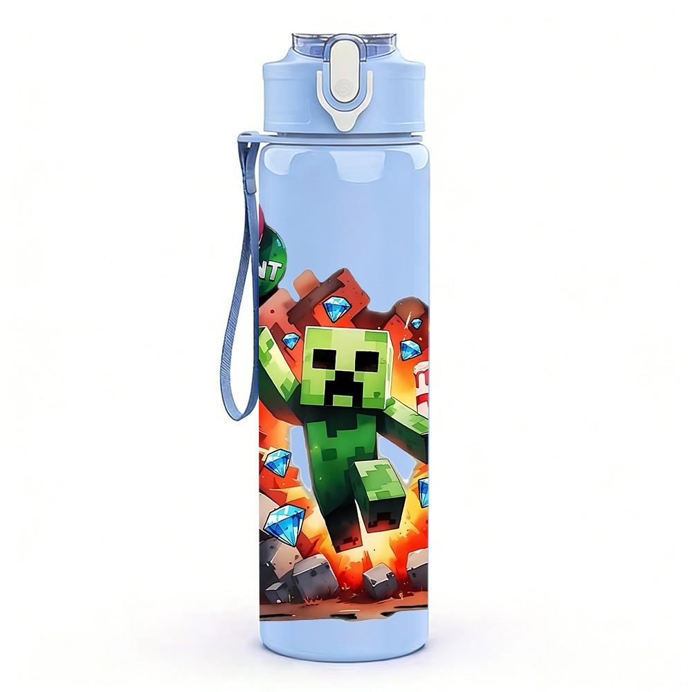 1PC Minecraft Creeper Fire Explosion Print 750ml Color Plastic Sports Water Bottle Leakproof Flip Straw Lid Suitable for Sports Office Home Use