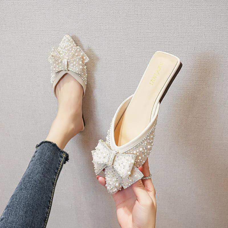 Fashion Baotou Slippers for Women 2025 New Style Flat Bottom Empty Single Shoes Summer Water Diamond Lazy Baotou Large Slippers 41-43