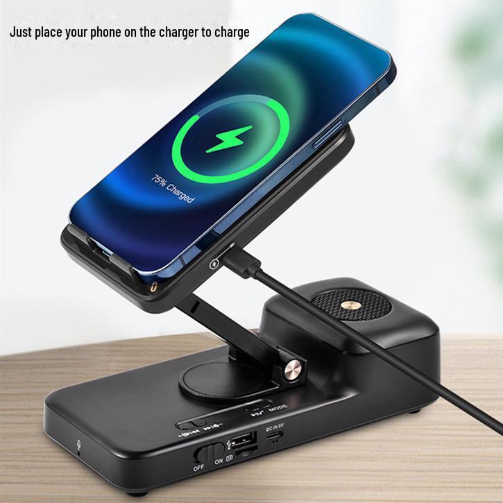 15W Bezdrátové Nabíjení Bluetooth Reproduktor s Držákem na Mobilní Telefon - Skládací Stolní Stojan pro Živé Vysílání