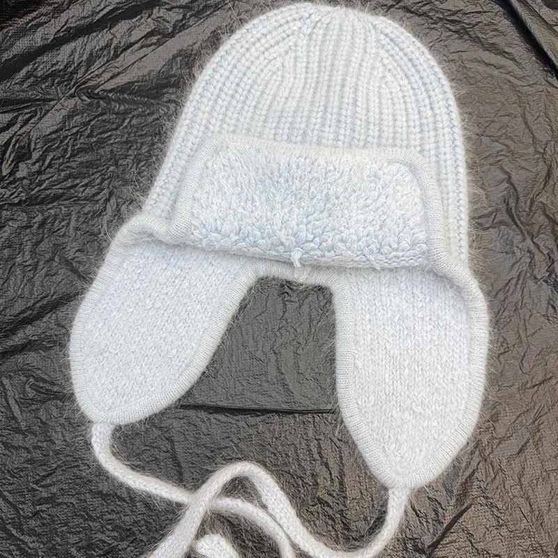 Plush ear protection Lei Feng hat women's winter angora rabbit fur knitted hat cold-proof lace-up warm wool hat