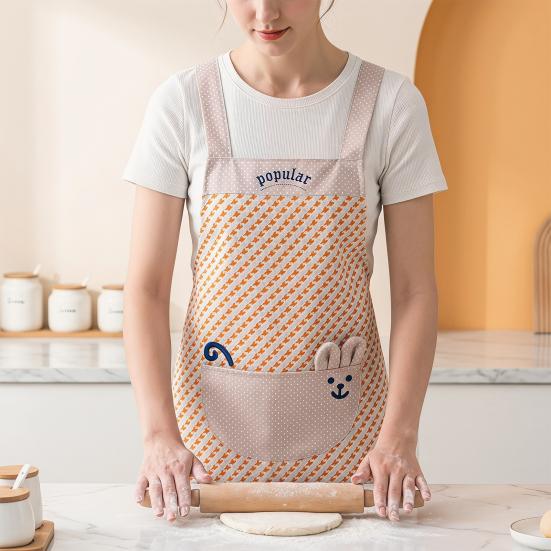 Plaid Bib Apron with Rabbit Embroidery Pocket Waterproof Oil-Proof Kitchen Apron for Cooking Baking