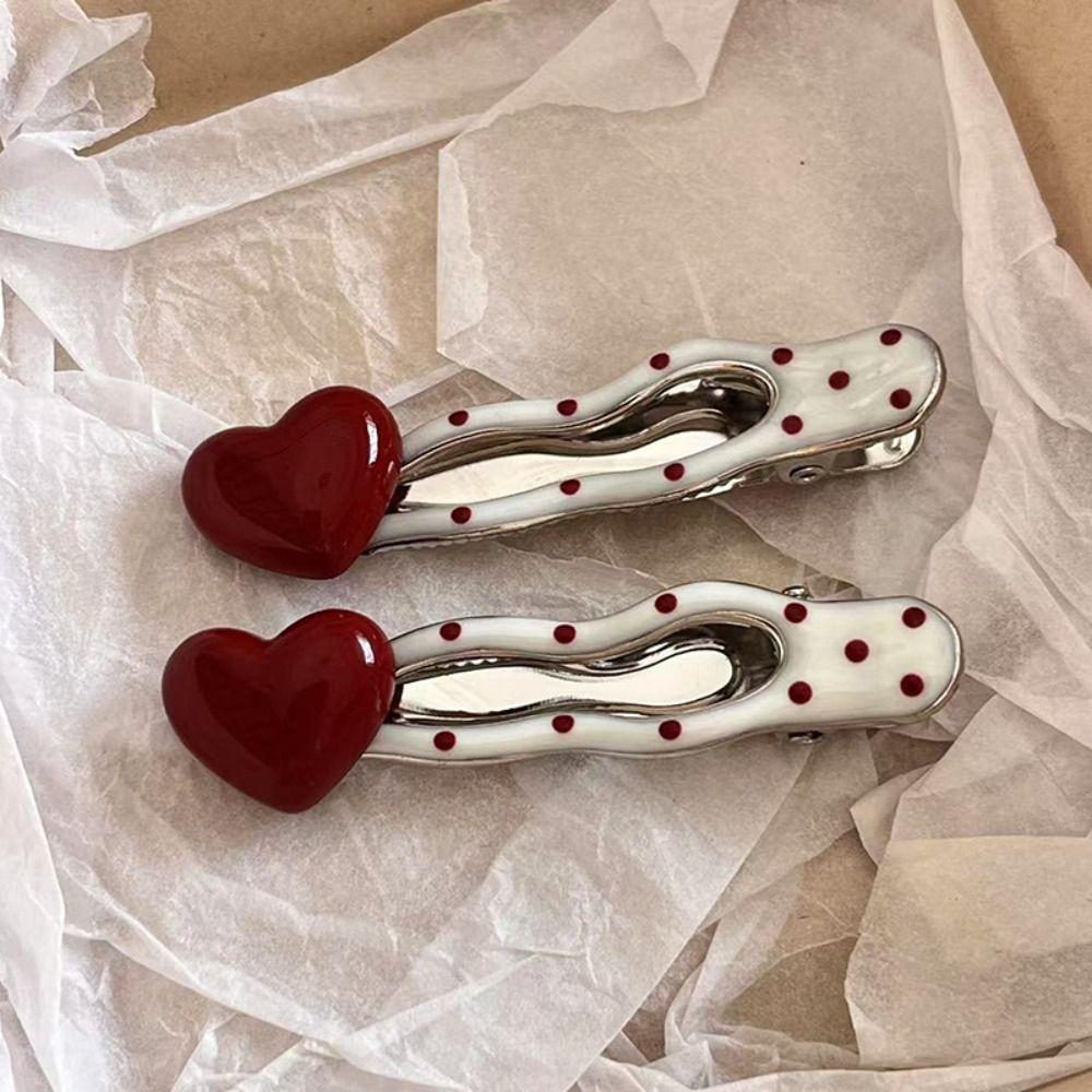 2 PCS Red Heart Bangs Duckbill Hair Clips Polka Dot and White Wave Point Hair Accessories  For Girls