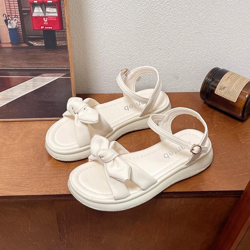 Summer New Sandals Women's Round Head Open Toe Butterfly Knot Soft Soled Platform Flat Shoes