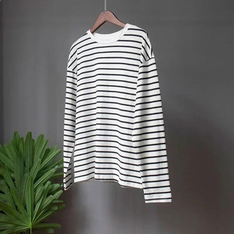 Fashion Loose Casual Cotton Long Sleeve Striped T-shirts Elegant Office-lady O-neck Soft Tops Autumn Women Clothes 29678