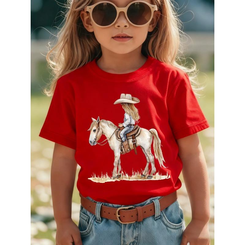 Girls  Crewneck T-Shirt, Cartoon Little Girl Riding Horse Print With Hat Design, Summer Versatile Casual Kids Tee