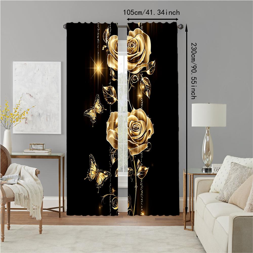 2Pcs Gold Rose And Butterfly Window Curtain Protect Privacy Bedroom Living Room Decorative Curtain Valentine'S Day Romantic Gift