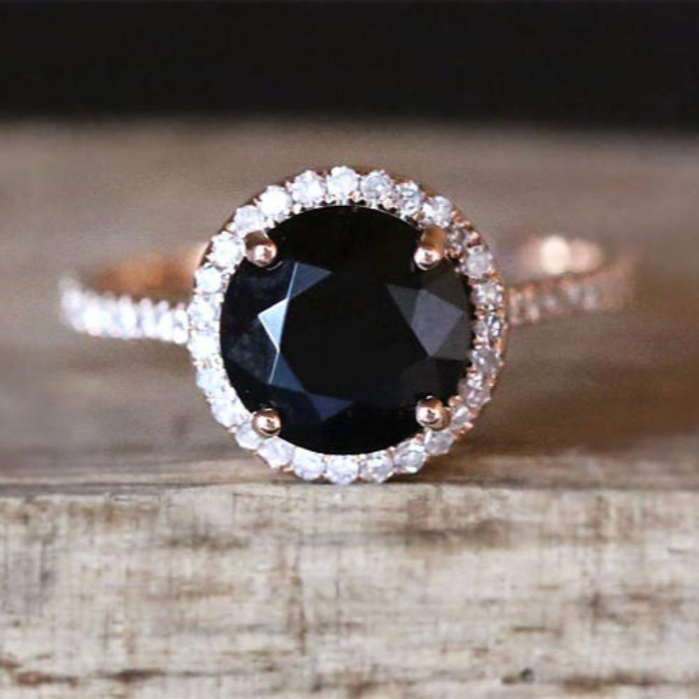 

Rose Gold Plated Ring for Women with Synthetic Black Stone Micro Paved Full Diamond Jewelry No. 10 чорний
