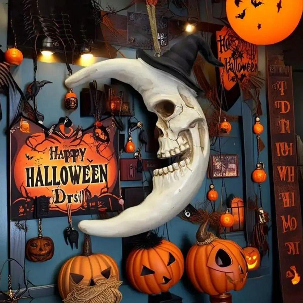 Atmosphere Enhancer Spooky Halloween Skull with Hat Skull Moon Hanging Decoration  Halloween Party