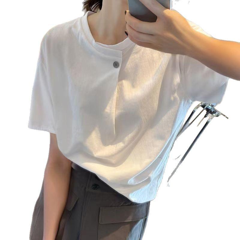 European-Style One-Button White Short-Sleeve T-Shirt
