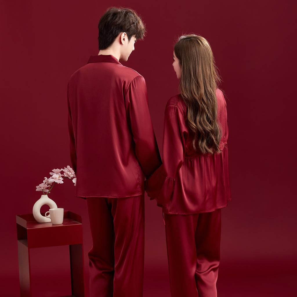 Pajamas couple wedding newlywed red men and women ice silk suspender nightgown morning gown long sleeve natal year silk suit