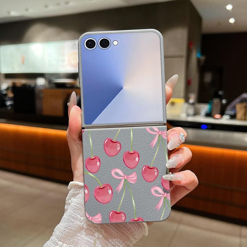Crystal Cherry Fruits Bowknots Pattern Case For Samsung Z Flip 7 6 5 4 Leather Texture Folding Fhone Cover For Galaxy Z Flip7 Flip6 Flip5