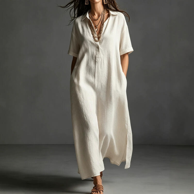Vintage Summer Simple Casual Dress Solid Color Lapel Short Sleeved Loose Pullover Shirt for Office Dresses