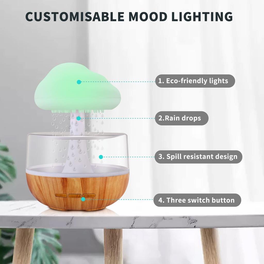 Rechargeable Cloud Rain Humidifier for bedroom with Soothing Rain Sounds Home Essential Oil Diffuser with 7 Colors LED Light