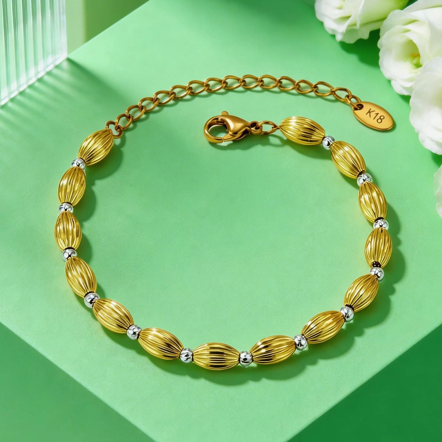 

Stainless Steel Beads Chain Bracelet for Women Pumpkin Bead Faceted Bead Bracelet 18K Gold Plated Wrist Jewelry Gift