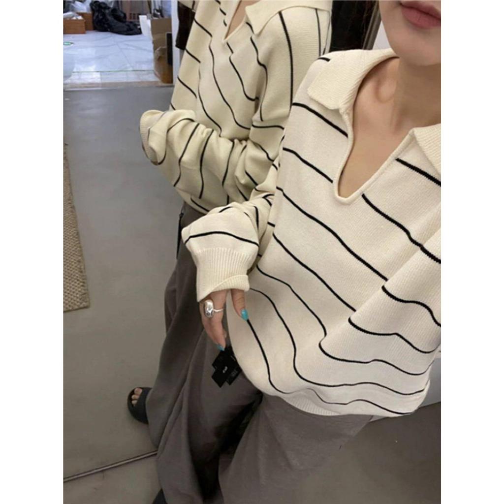 Autumn and Winter Olo Collar Lazy Striped Top Long Sleeve Loose Lapel Contrasting Color Long Sleeve Outer Women's Knitted Sweater