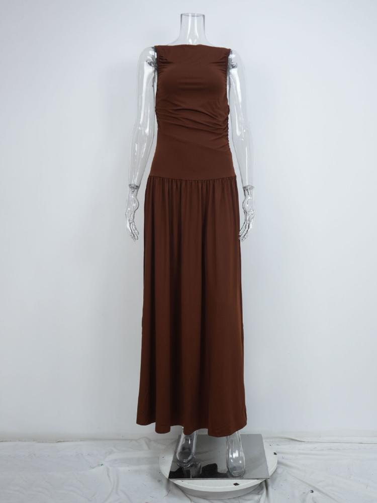 Elegancka sukienka maxi bez rękawów dla kobiet, modna, solidna, z dekoltem w łódkę, sukienki damskie, seksowna, marszczona, długa sukienka, nowa suknia