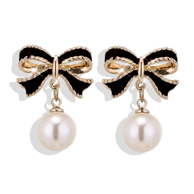 Black and Red Imitation Pearl Bow Drop Earrings for Women Geometric Wedding Party Pain… More