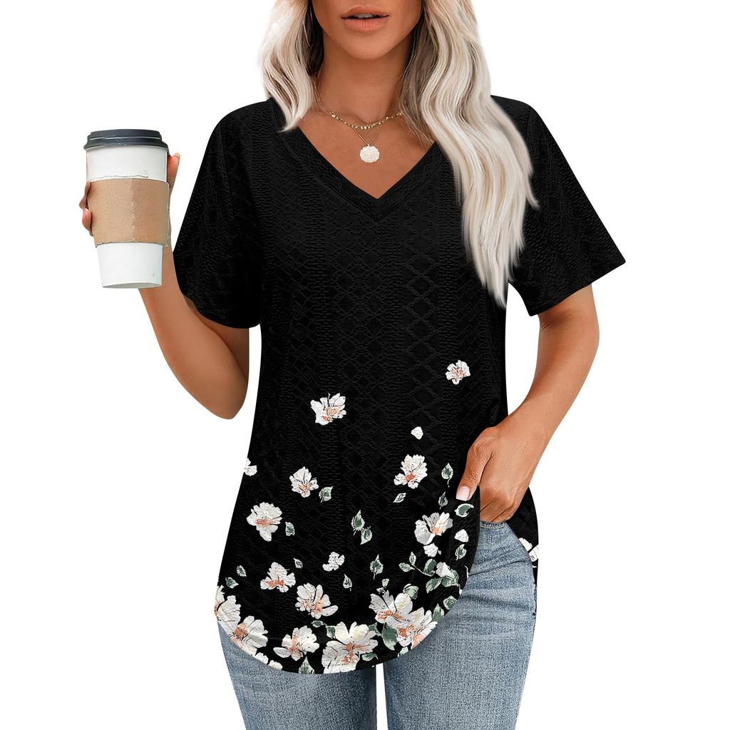 Womens T Shirts V Neck Short Sleeve Casual Tops Loose Fit Basic Tees With Curved Hem