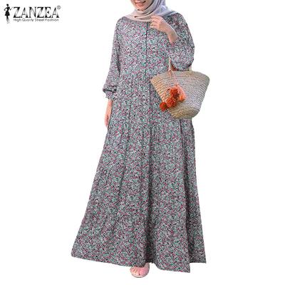 Women Casual Round Neck Loose Long Sleeve Floral Print Dress