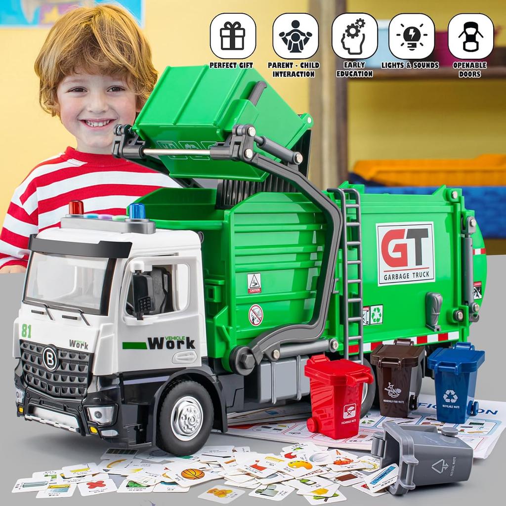 Garbage Truck Toys for Boys, 12" Big Trash Truck with Lights and Sounds, Friction Powered Waste Management Recycling Toy Set with 4 Trash Cans and
