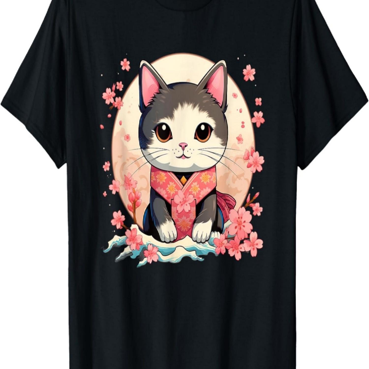 Kawaii Cat  Sakura Cherry Blossom Anime Cat T-Shirt S