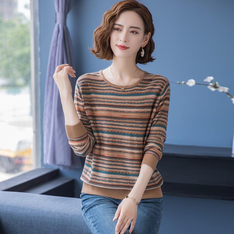 Middle Age Women Striped Knit Sweater Low Round Neck Pullover Casual Blouse