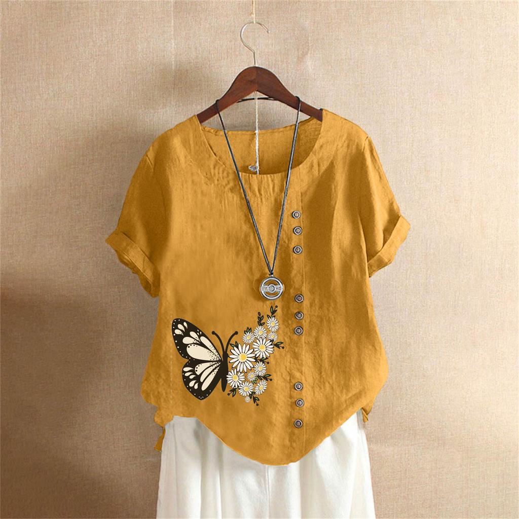 Summer Oversized Cotton and Linen Short-sleeved T-shirt, Cotton and Linen Butterfly Flower Printed Oversized Women's Clothing