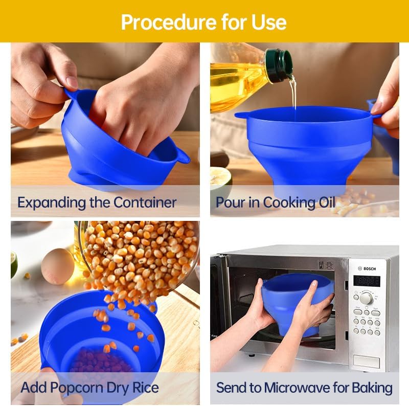 Silicone Popcorn Maker, Microwave Popcorn Popper, Collapsible Microwave Popcorn Maker Bowl, Heat-Resistant, Easy to Clean, Dishwasher Safe-Blue