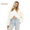 Women Sweater O-Neck Batwing Long Sleeve Solid Color Loose Fit Knitting Tops Exposed Navel Irregular Cross Sweater
